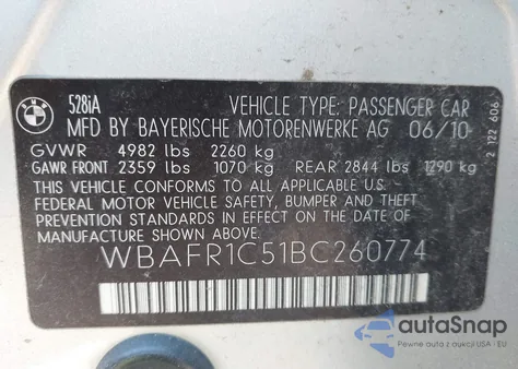 2011 BMW 528I из США, поврежденный, VIN WBAFR1C51BC260774